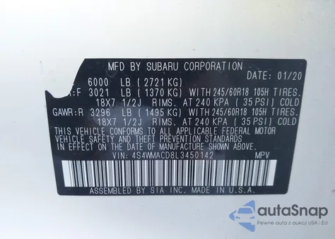 2020 Subaru Ascent Premium z USA, uszkodzony, nr VIN 4S4WMACD8L3450142